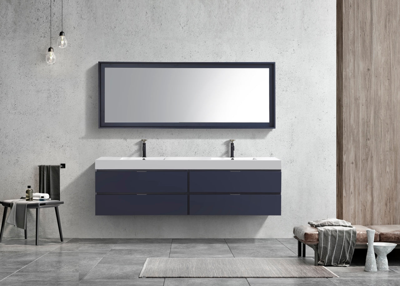 Bliss 80" Navy Blue Wood Wall Mount Double Sink Modern Bathroom Vanity