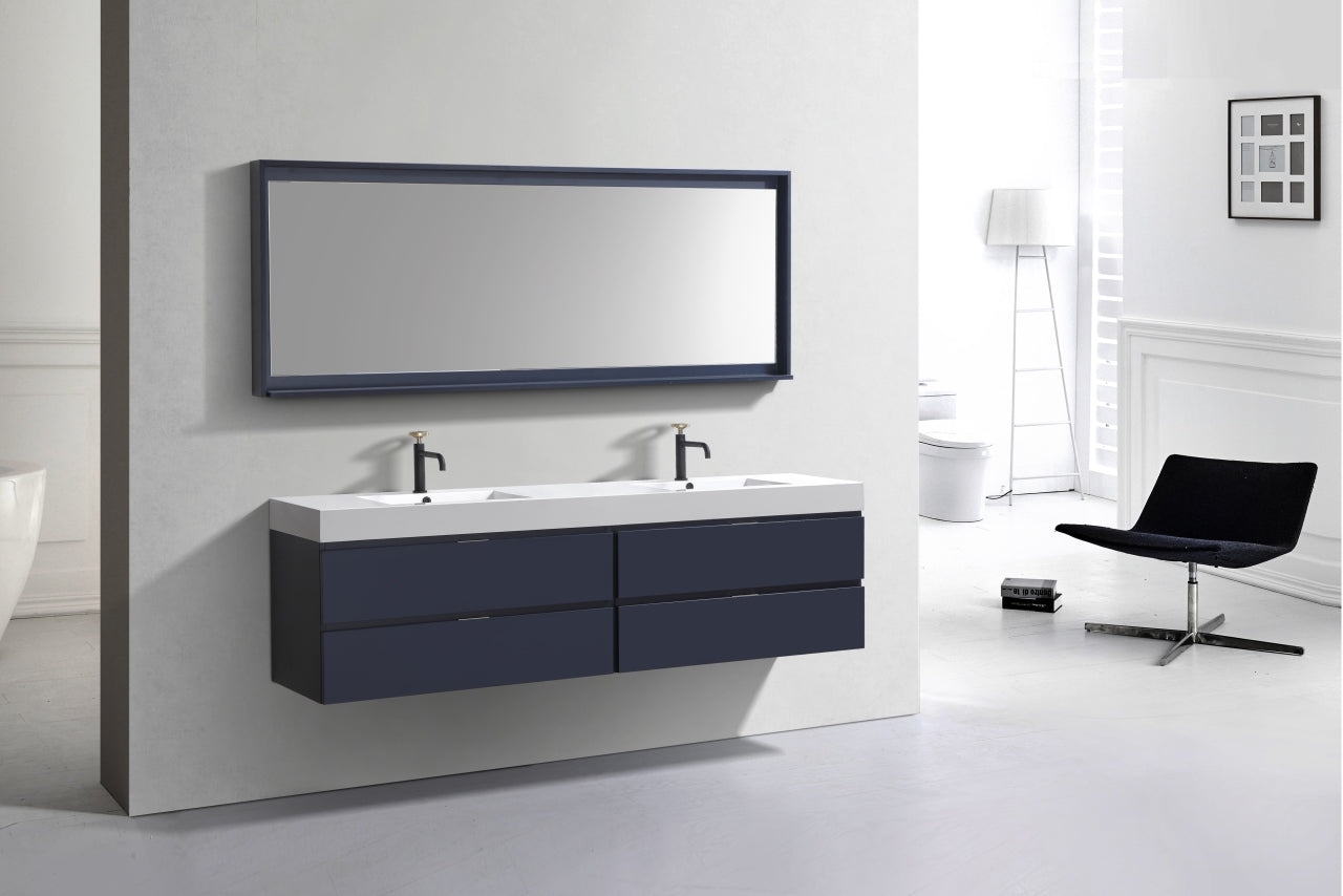 Bliss 80" Navy Blue Wood Wall Mount Double Sink Modern Bathroom Vanity