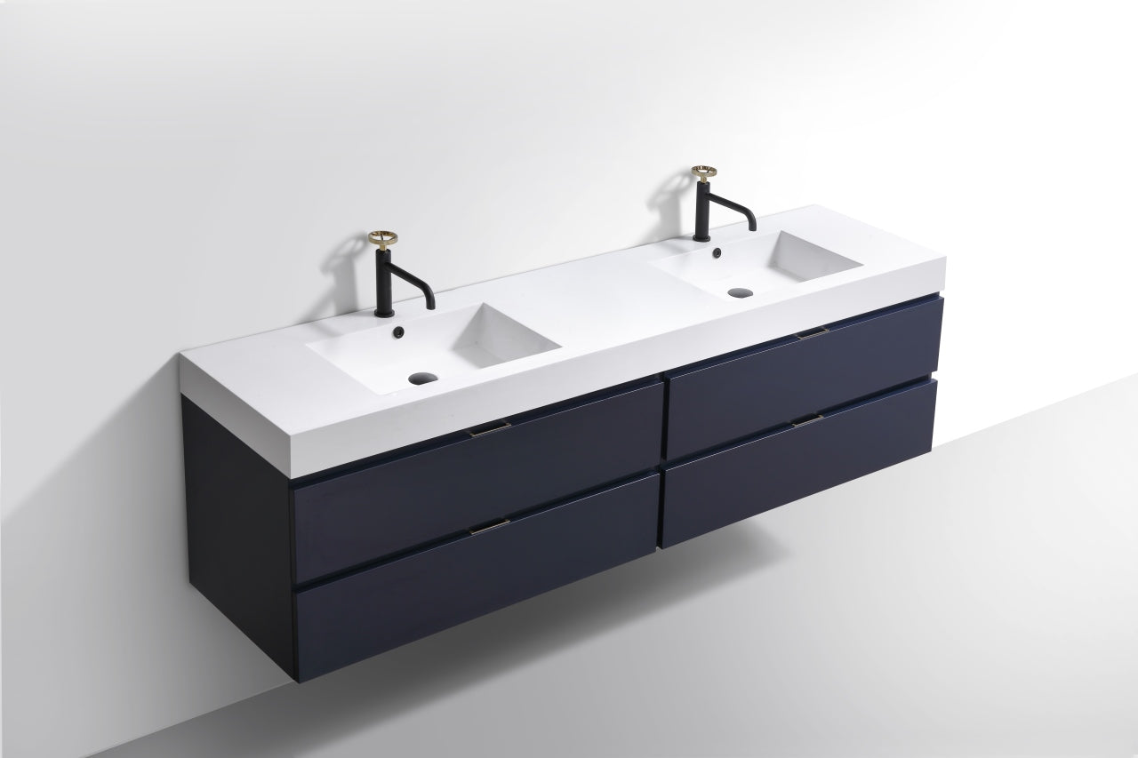 Bliss 80" Navy Blue Wood Wall Mount Double Sink Modern Bathroom Vanity
