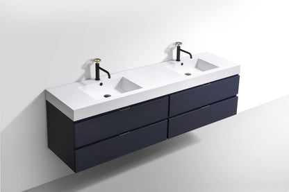 Bliss 80" Navy Blue Wood Wall Mount Double Sink Modern Bathroom Vanity