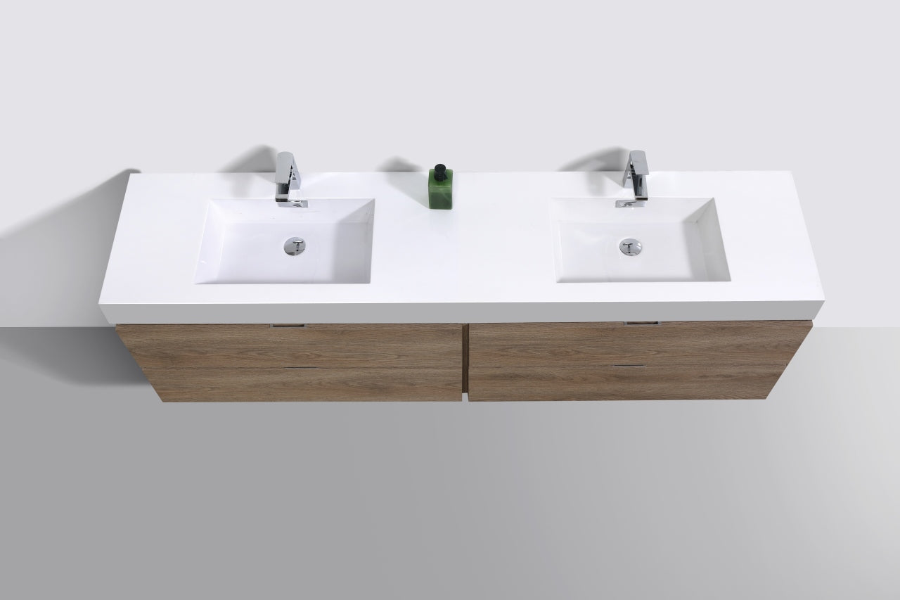 Bliss 80" Butternut Wood Wall Mount Double Sink Modern Bathroom Vanity