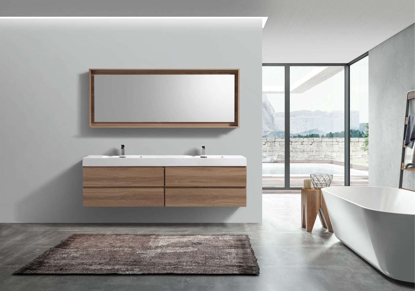 Bliss 80" Honey Oak Wood Wall Mount Double Sink Modern Bathroom Vanity