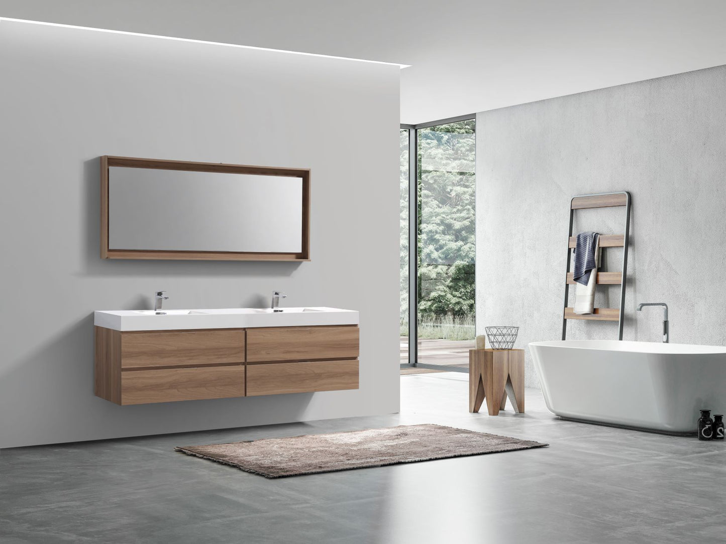 Bliss 80" Honey Oak Wood Wall Mount Double Sink Modern Bathroom Vanity