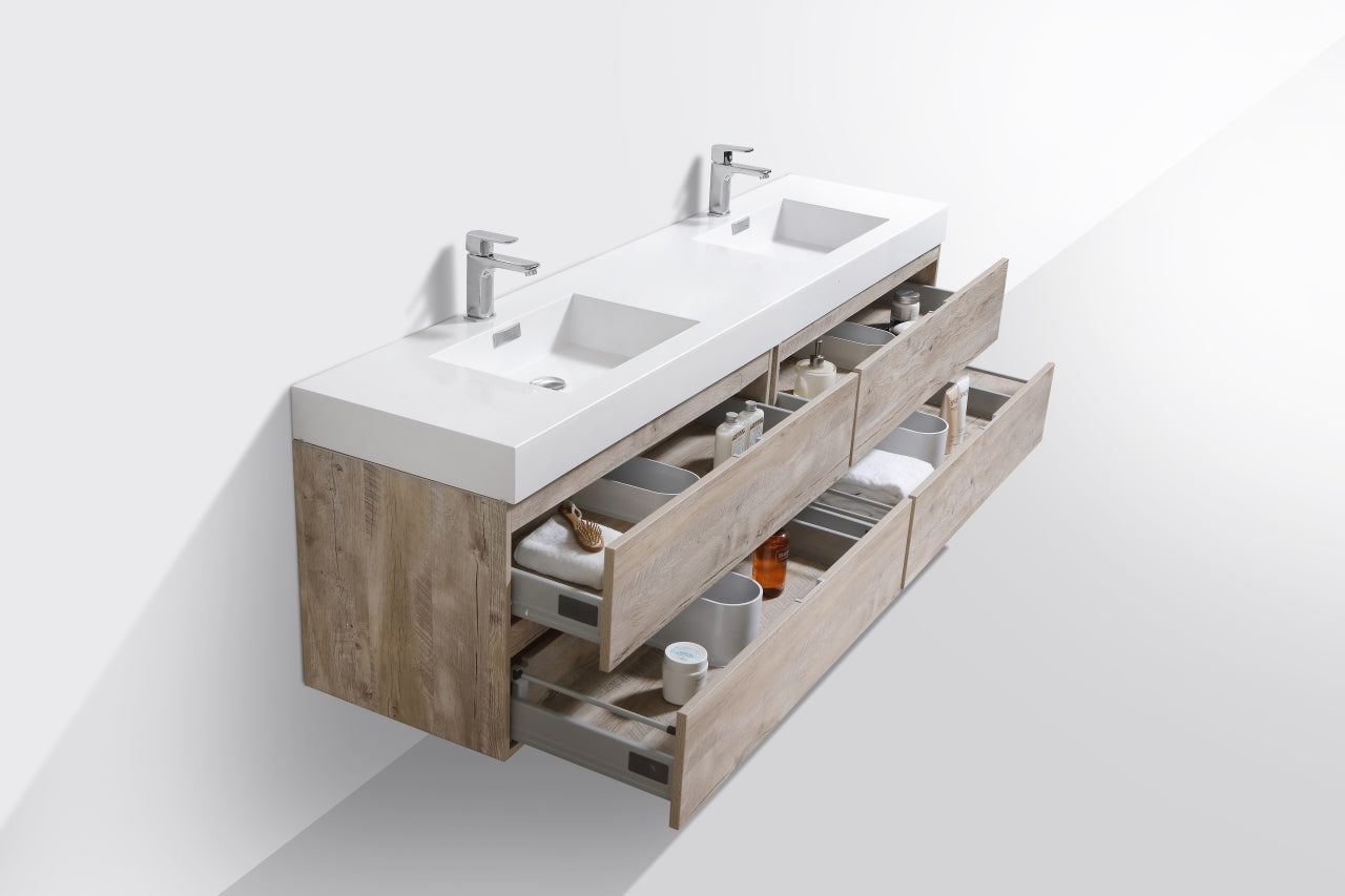 Bliss 80" Nature Wood Wall Mount  Double Sink Modern Bathroom Vanity
