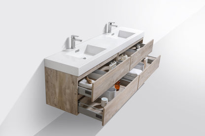 Bliss 80" Nature Wood Wall Mount  Double Sink Modern Bathroom Vanity