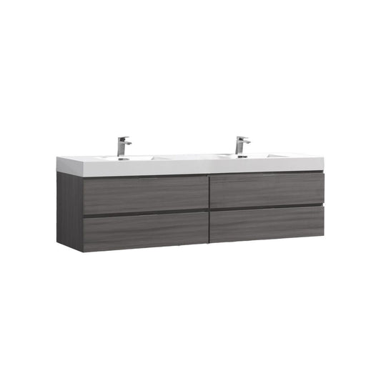 Bliss 80" Vulcan Ash Grey Wood Wall Mount Double Sink Modern Bathroom Vanity