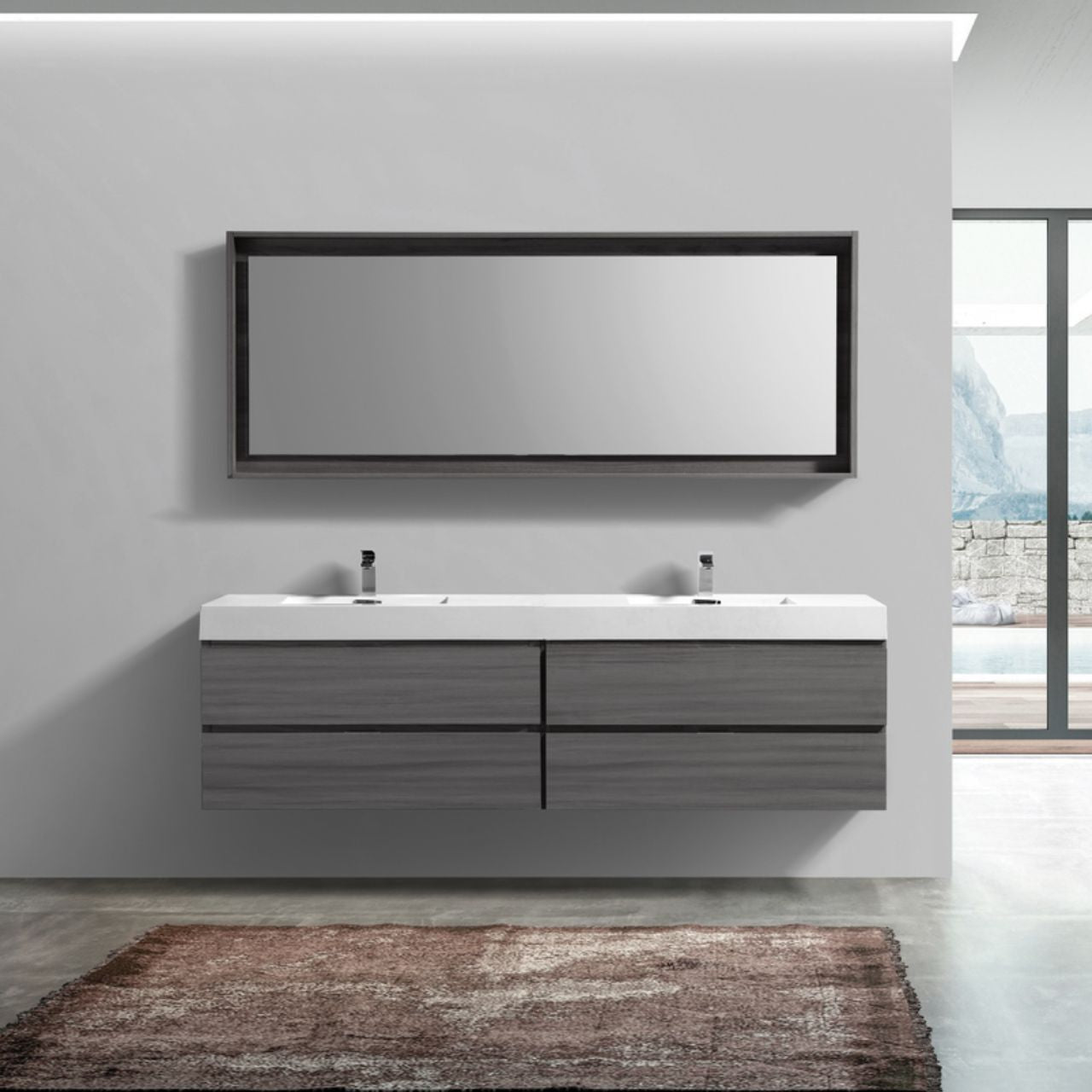 Bliss 80" Vulcan Ash Grey Wood Wall Mount Double Sink Modern Bathroom Vanity