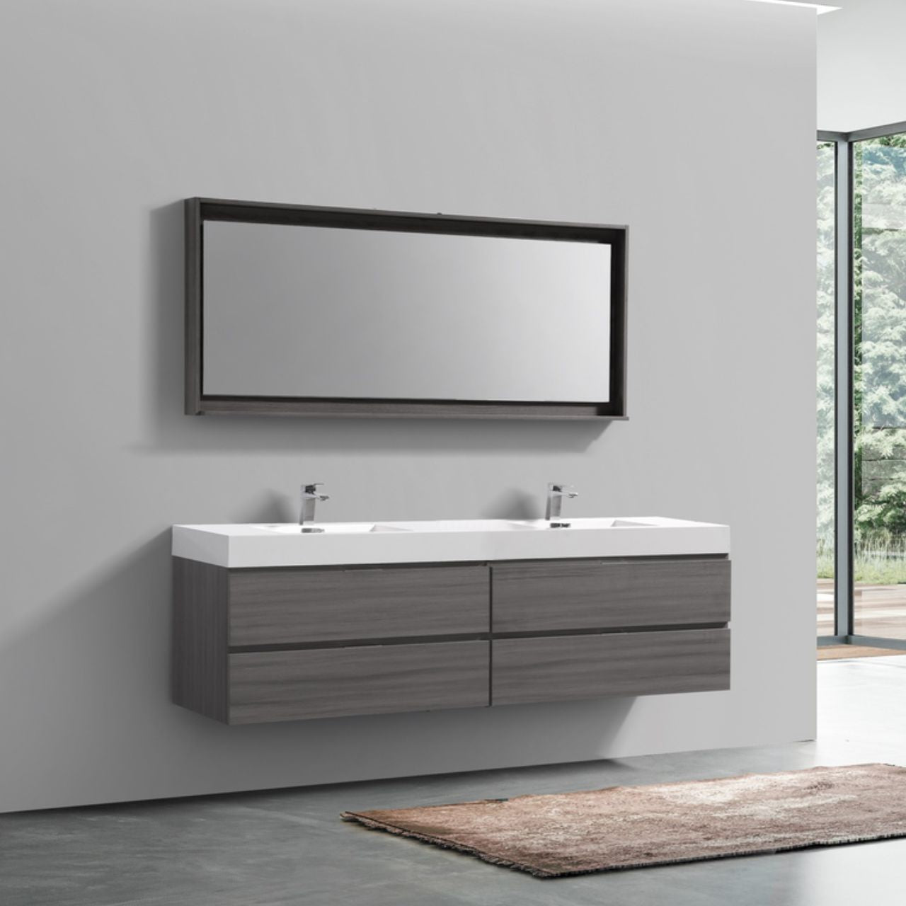 Bliss 80" Vulcan Ash Grey Wood Wall Mount Double Sink Modern Bathroom Vanity