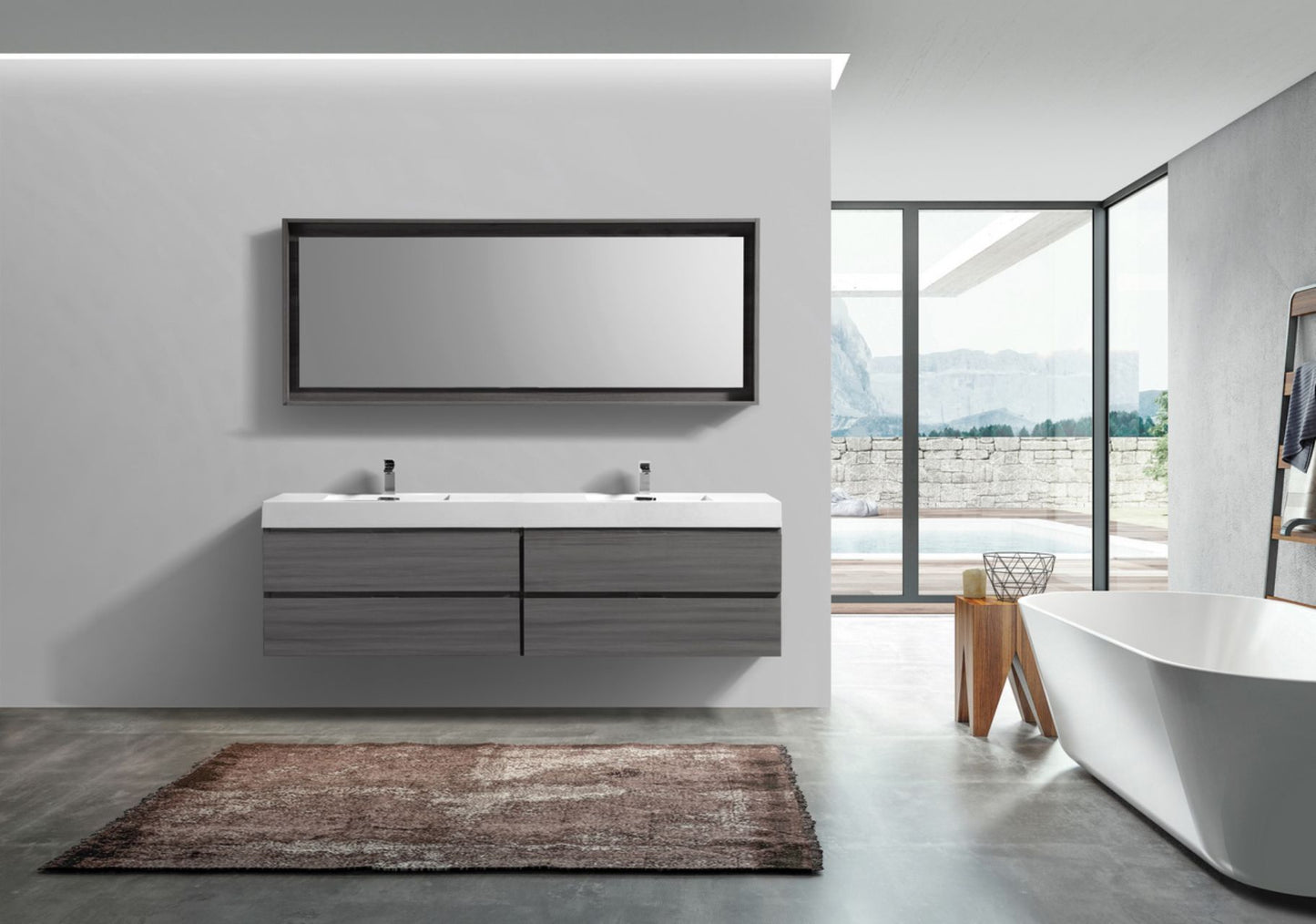 Bliss 80" Vulcan Ash Grey Wood Wall Mount Double Sink Modern Bathroom Vanity