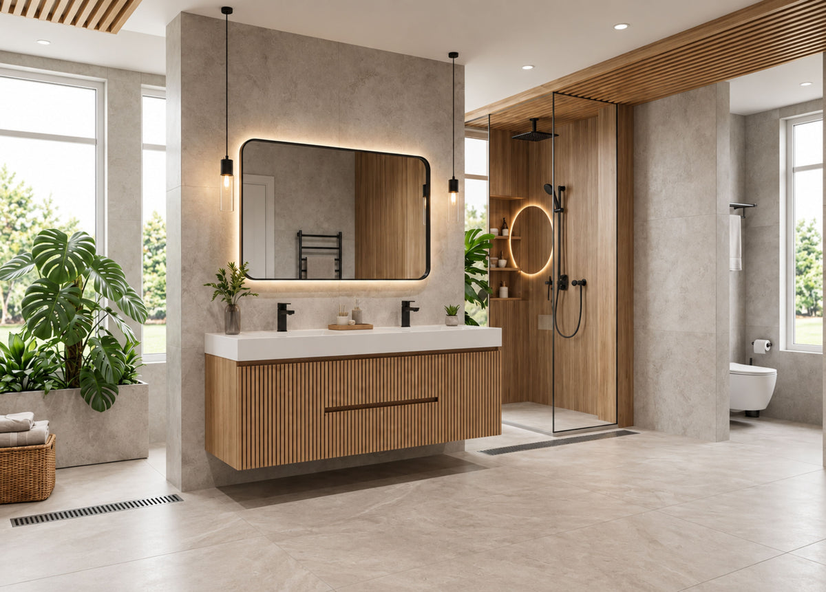 Bliss 60" Fluted Oakwood Double Sink Wall Mount Vanity - ETA Late Sept