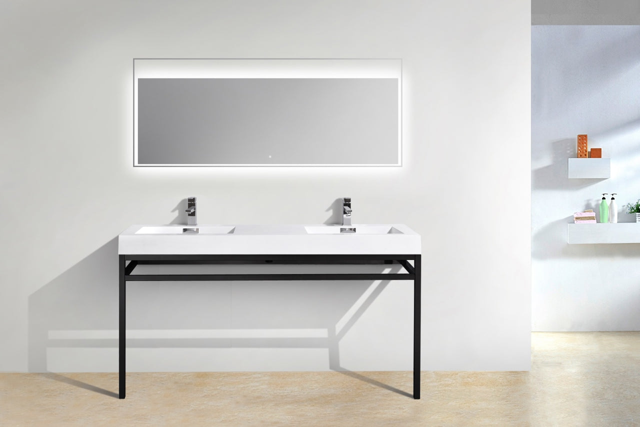 Haus 60" Double Sink Stainless Steel Console w/ White Acrylic Sink Matte Black