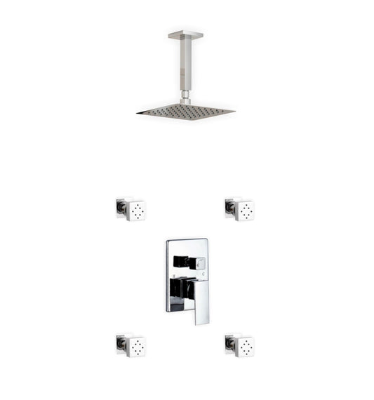 Aqua Piazza Shower Set w/ 8" Ceiling Mount Square Rain Shower and 4 Body Jets
