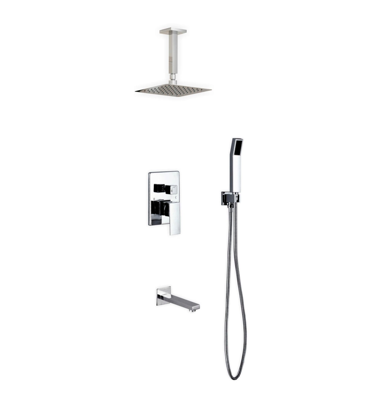 Aqua Piazza Chrome Brass Shower Set w/ 8" Ceiling Mount Square Rain Shower, Handheld and Tub Filler
