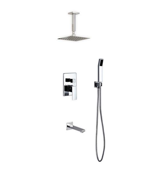 Aqua Piazza Chrome Brass Shower Set w/ 8" Ceiling Mount Square Rain Shower, Handheld and Tub Filler