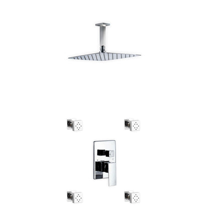 Aqua Piazza Shower Set w/ 12" Ceiling Mount Square Rain Shower and 4 Body Jets