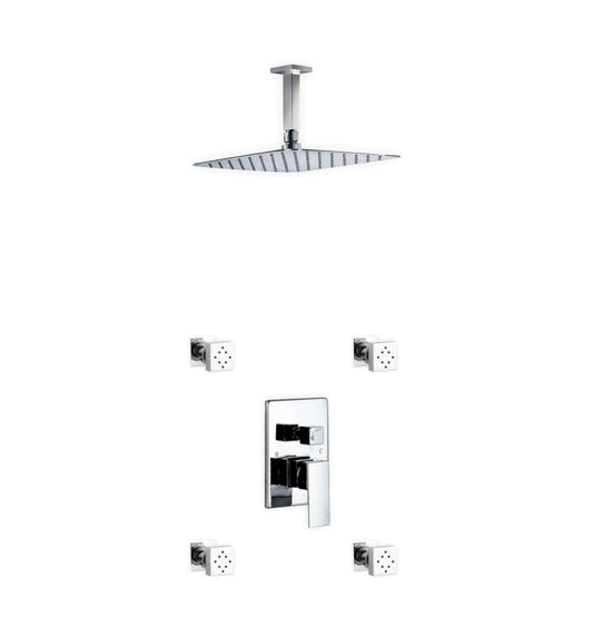 Aqua Piazza Shower Set w/ 12" Ceiling Mount Square Rain Shower and 4 Body Jets