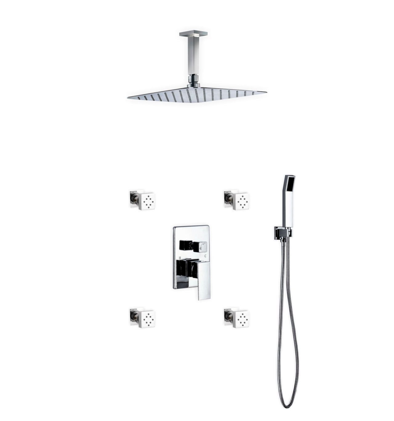 Aqua Piazza Shower Set w/ 12" Ceiling Mount Square Rain Shower, 4 Body Jets and Handheld