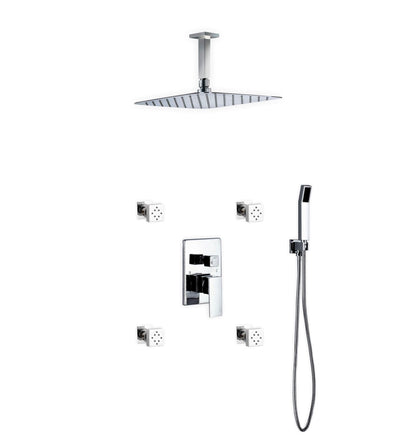 Aqua Piazza Shower Set w/ 12" Ceiling Mount Square Rain Shower, 4 Body Jets and Handheld