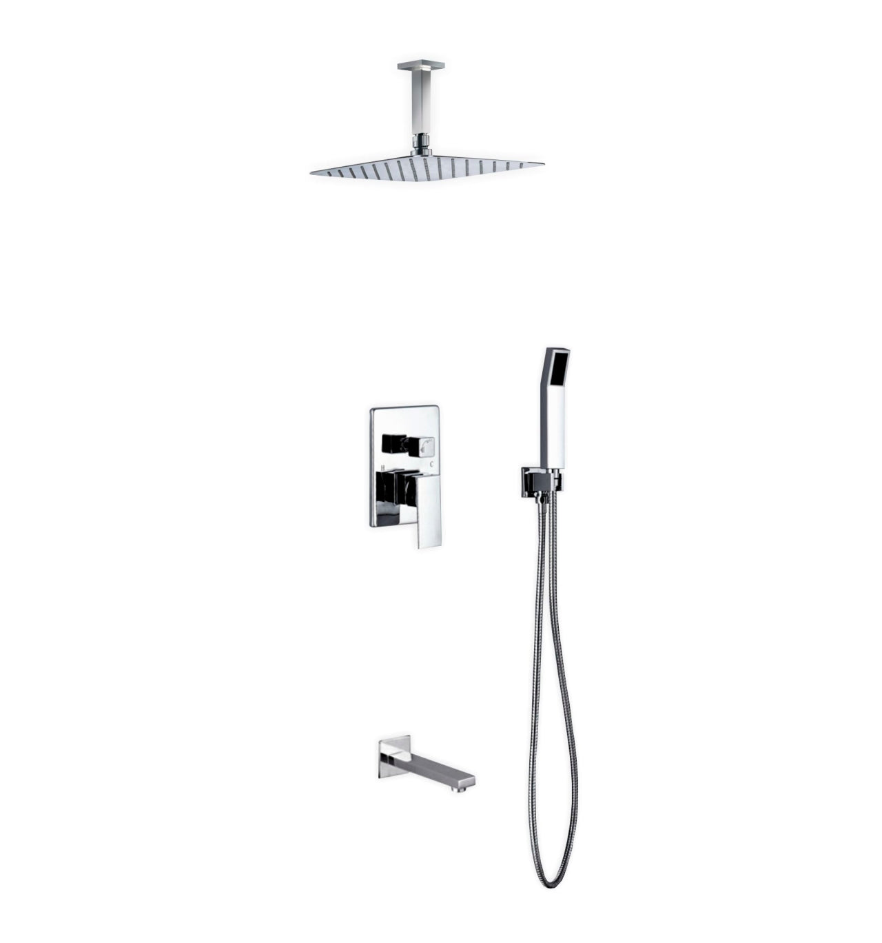 Aqua Piazza Chrome Shower Set w/ 12" Ceiling Mount Square Rain Shower, Handheld and Tub Filler