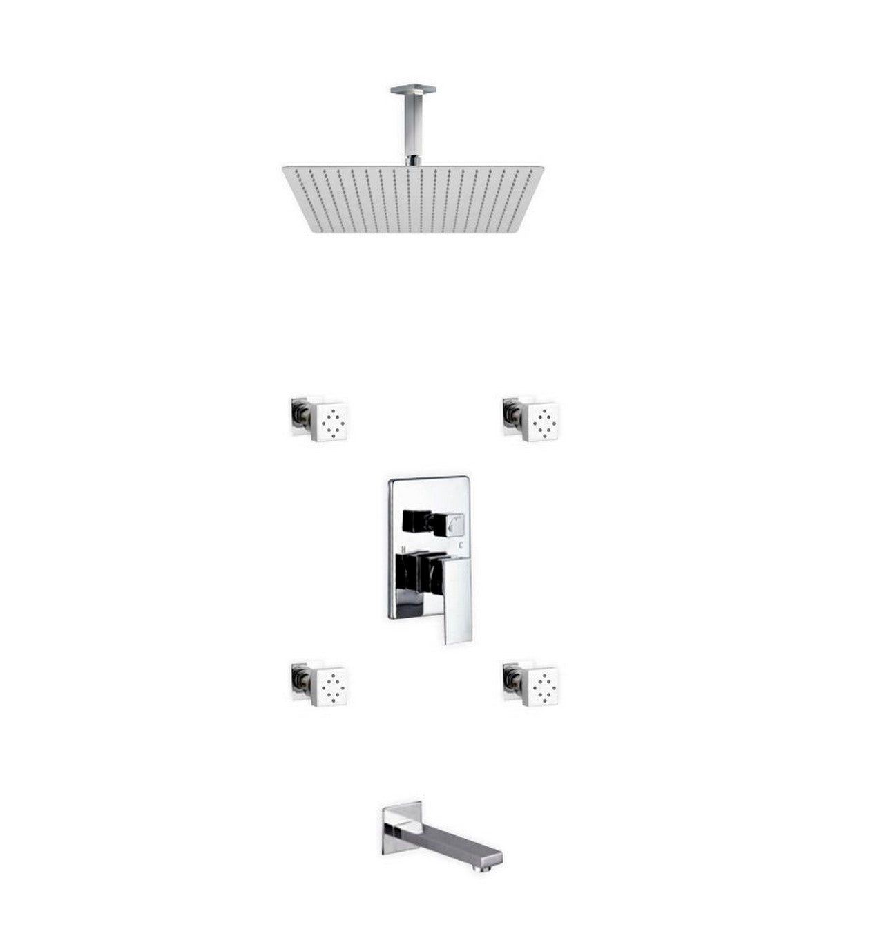 Aqua Piazza Shower Set w/ 20" Ceiling Mount Square Rain Shower, Tub Filler and 4 Body Jets