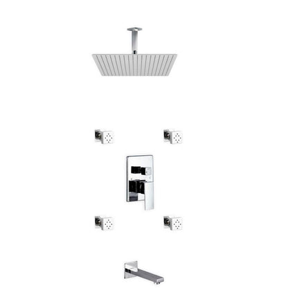 Aqua Piazza Shower Set w/ 20" Ceiling Mount Square Rain Shower, Tub Filler and 4 Body Jets