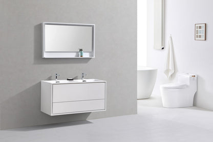 DeLusso 48" Double Sink High Glossy White Wall Mount Modern Bathroom Vanity