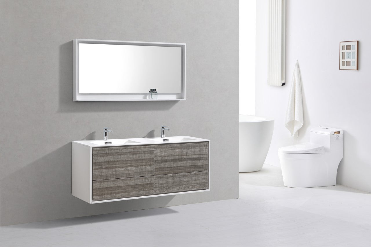 DeLusso 60" Double Sink Ash Gray Wall Mount Modern Bathroom Vanity