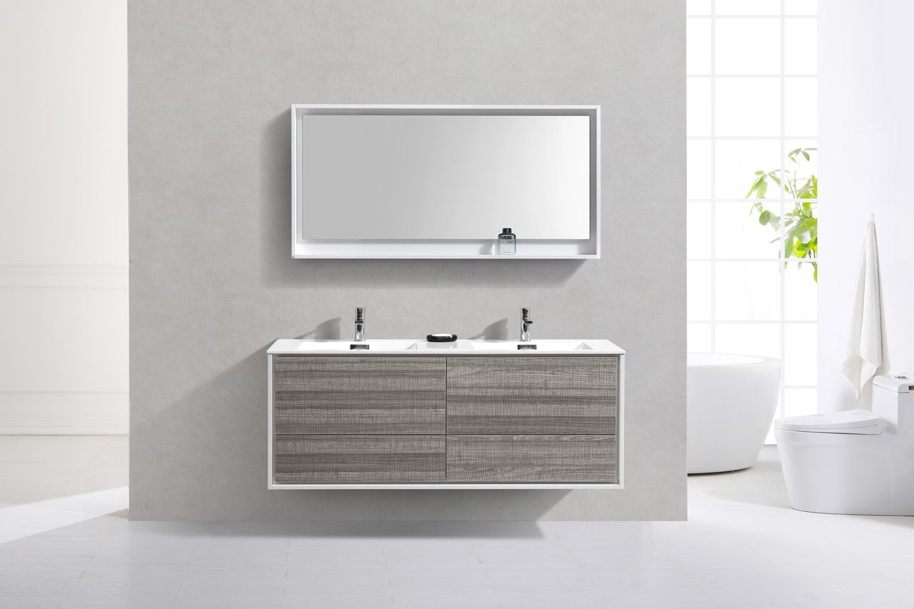 DeLusso 60" Double Sink Ash Gray Wall Mount Modern Bathroom Vanity