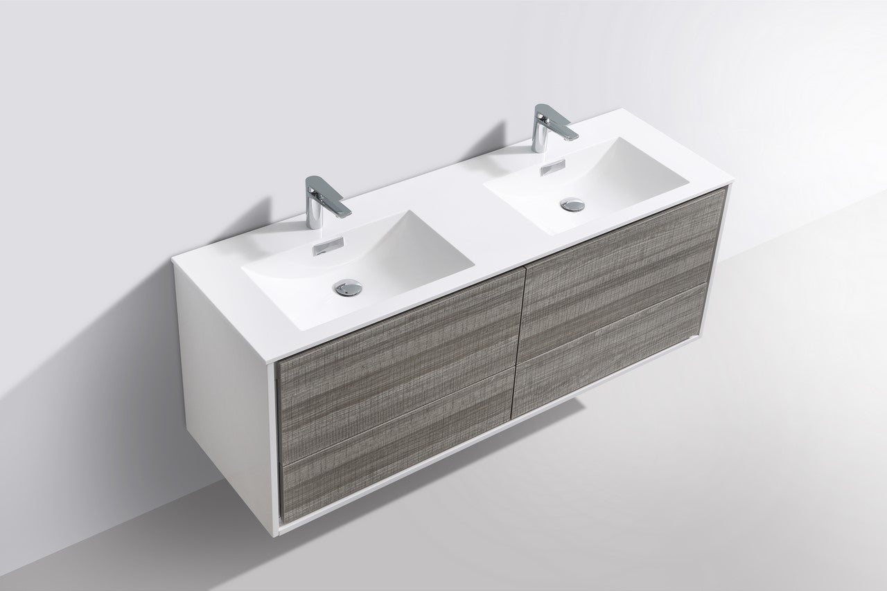 DeLusso 60" Double Sink Ash Gray Wall Mount Modern Bathroom Vanity