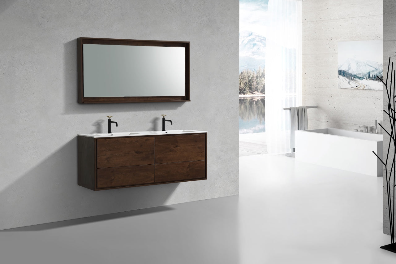 DeLusso 60" Double Sink Rosewood Wall Mount Modern Bathroom Vanity