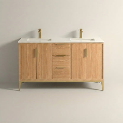 Divani 60'' Oakwood Double Sink Vanity W/ Quartz Counter Top