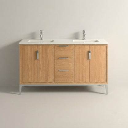 Divani 60'' Oakwood Double Sink Vanity W/ Quartz Counter Top