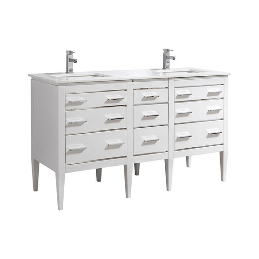 Eiffel 60'' High Gloss White Vanity W/ Quartz Counter Top
