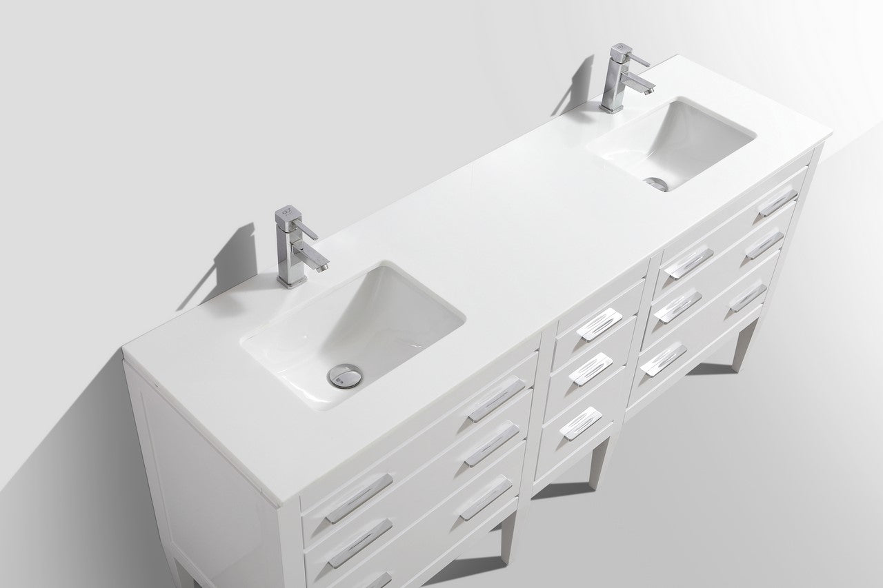 Eiffel 72'' High Gloss White Vanity W/ Quartz Counter Top