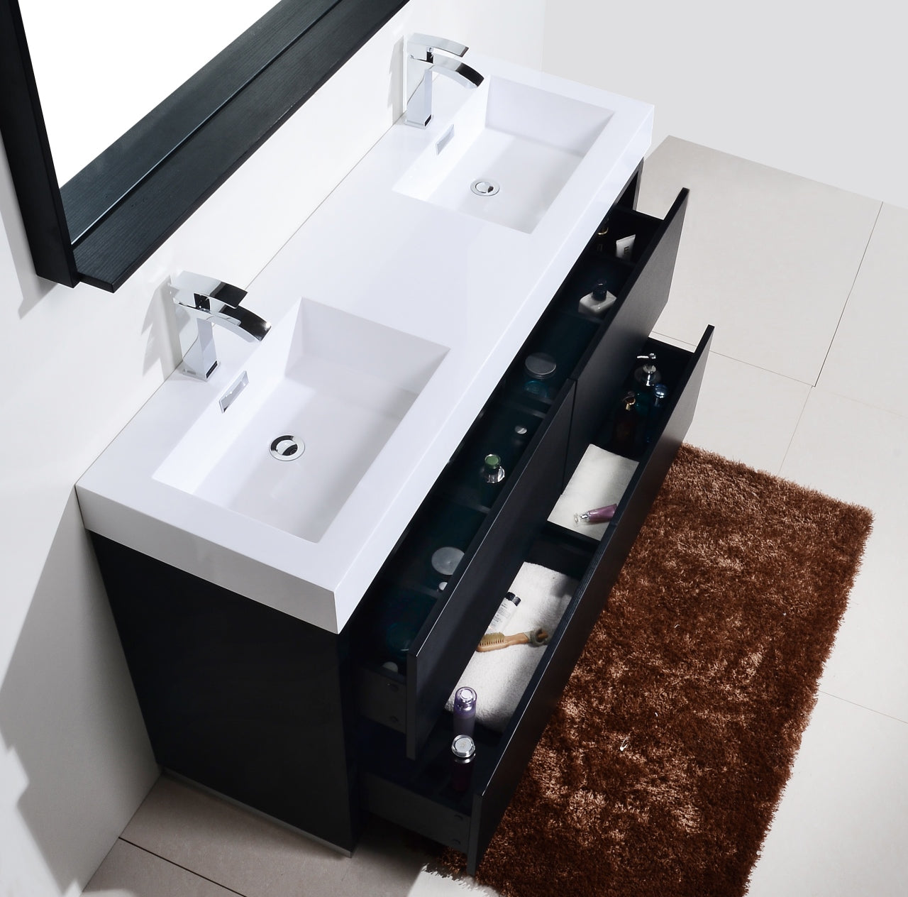 Bliss 60" Black Double Sinks Floor Mount Modern Bathroom Vanity