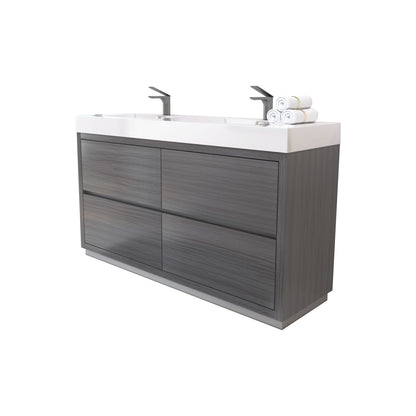 Bliss 60" Vulcan Ash Grey Floor Mount Double Sink Modern Bathroom Vanity