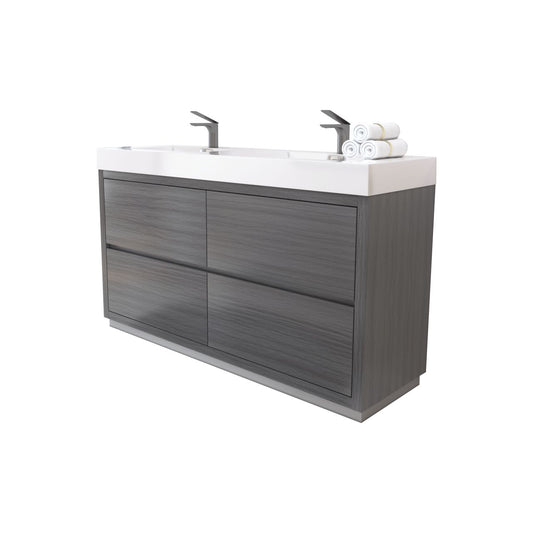 Bliss 60" Vulcan Ash Grey Floor Mount Double Sink Modern Bathroom Vanity