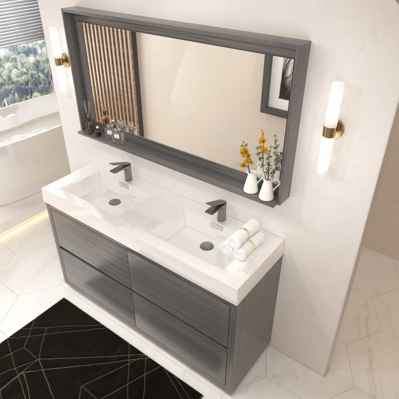 Bliss 60" Vulcan Ash Grey Floor Mount Double Sink Modern Bathroom Vanity