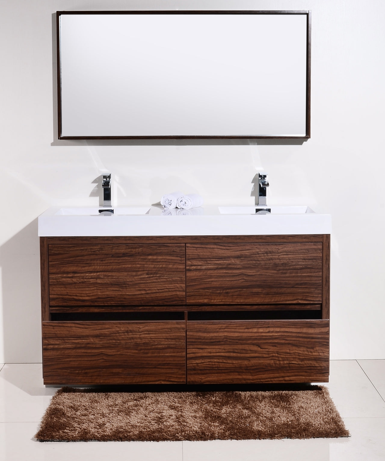 Bliss 60" Walnut Floor Mount Modern Bathroom Vanity- Double Sink
