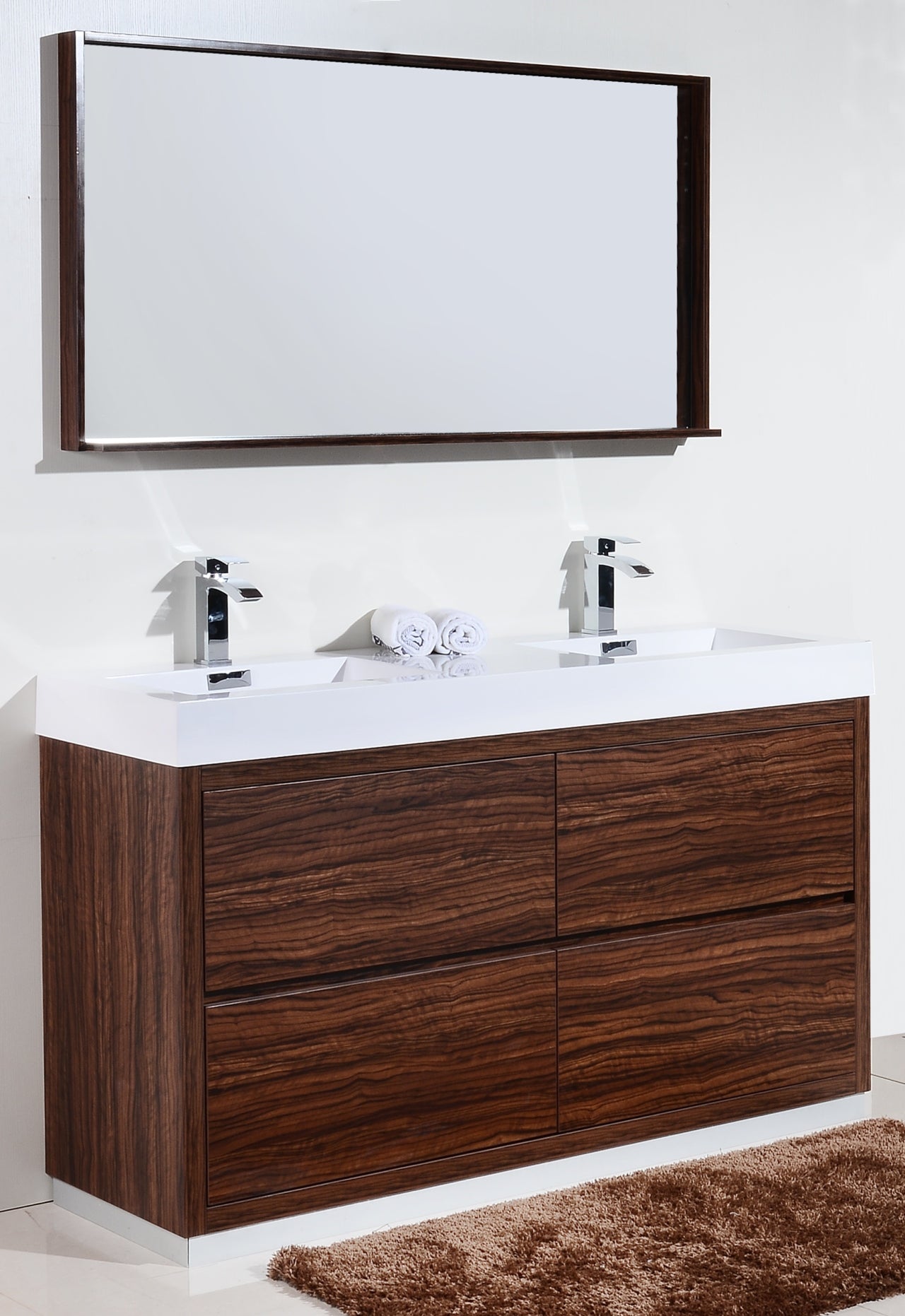 Bliss 60" Walnut Floor Mount Modern Bathroom Vanity- Double Sink