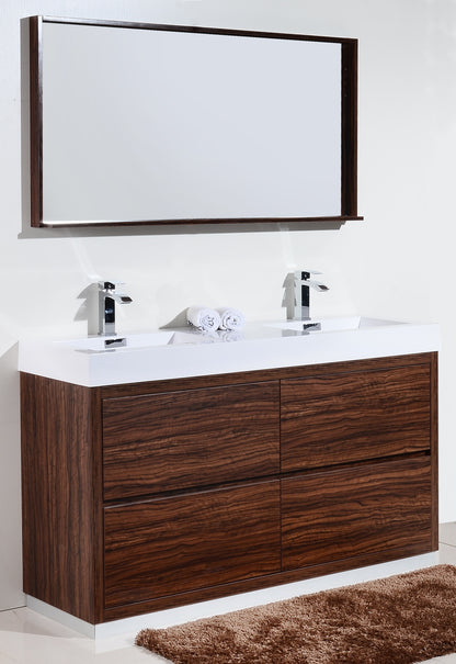 Bliss 60" Walnut Floor Mount Modern Bathroom Vanity- Double Sink
