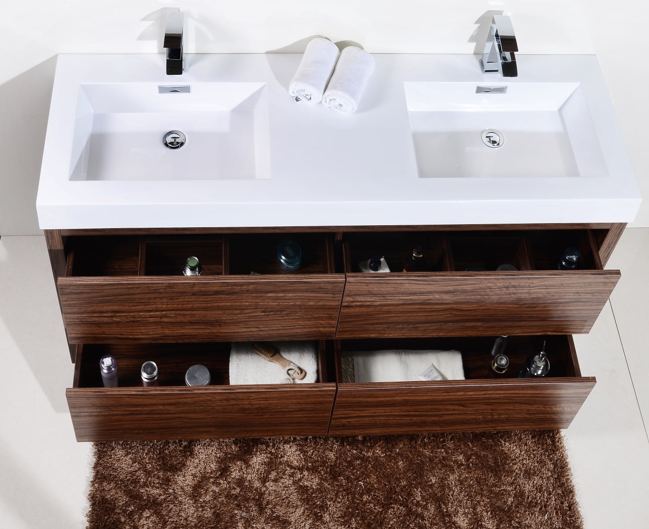 Bliss 60" Walnut Floor Mount Modern Bathroom Vanity- Double Sink