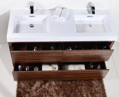 Bliss 60" Walnut Floor Mount Modern Bathroom Vanity- Double Sink