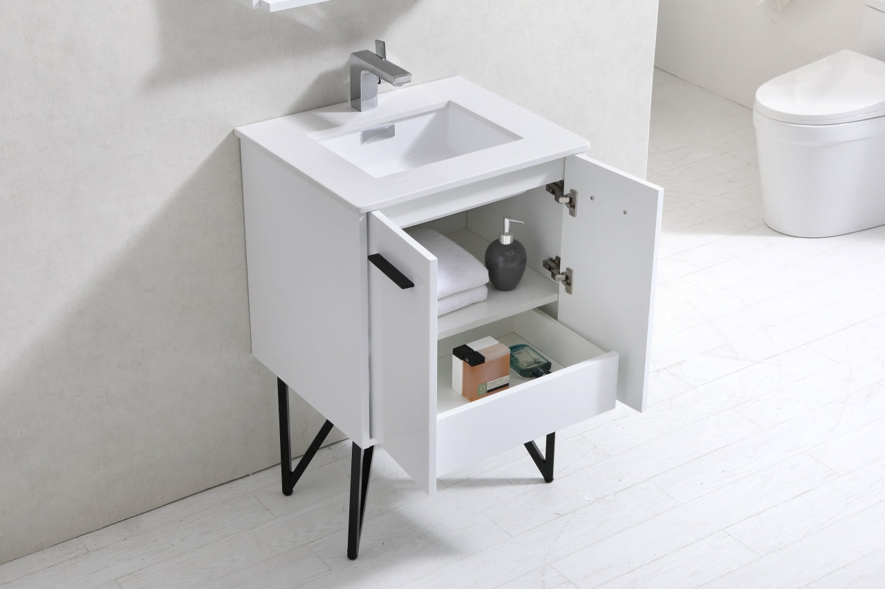 KubeBath Forest 24" High Gloss White Modern Bathroom Vanity  w/ Quartz Countertop