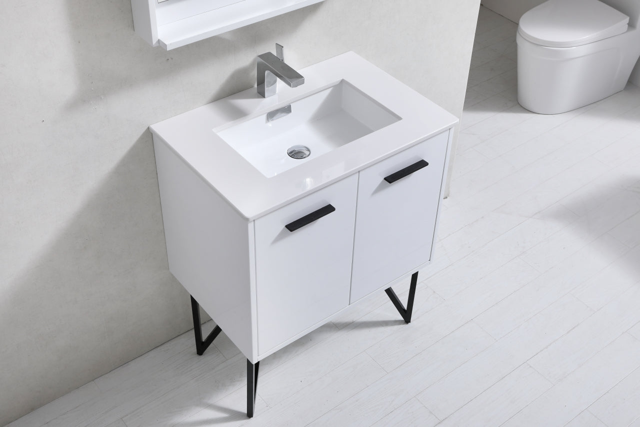 KubeBath Forest 30" High Gloss White Modern Bathroom Vanity  w/ Quartz Countertop