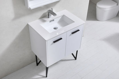 BOSCO 30" High Gloss White Modern Bathroom Vanity  w/ Quartz Countertop