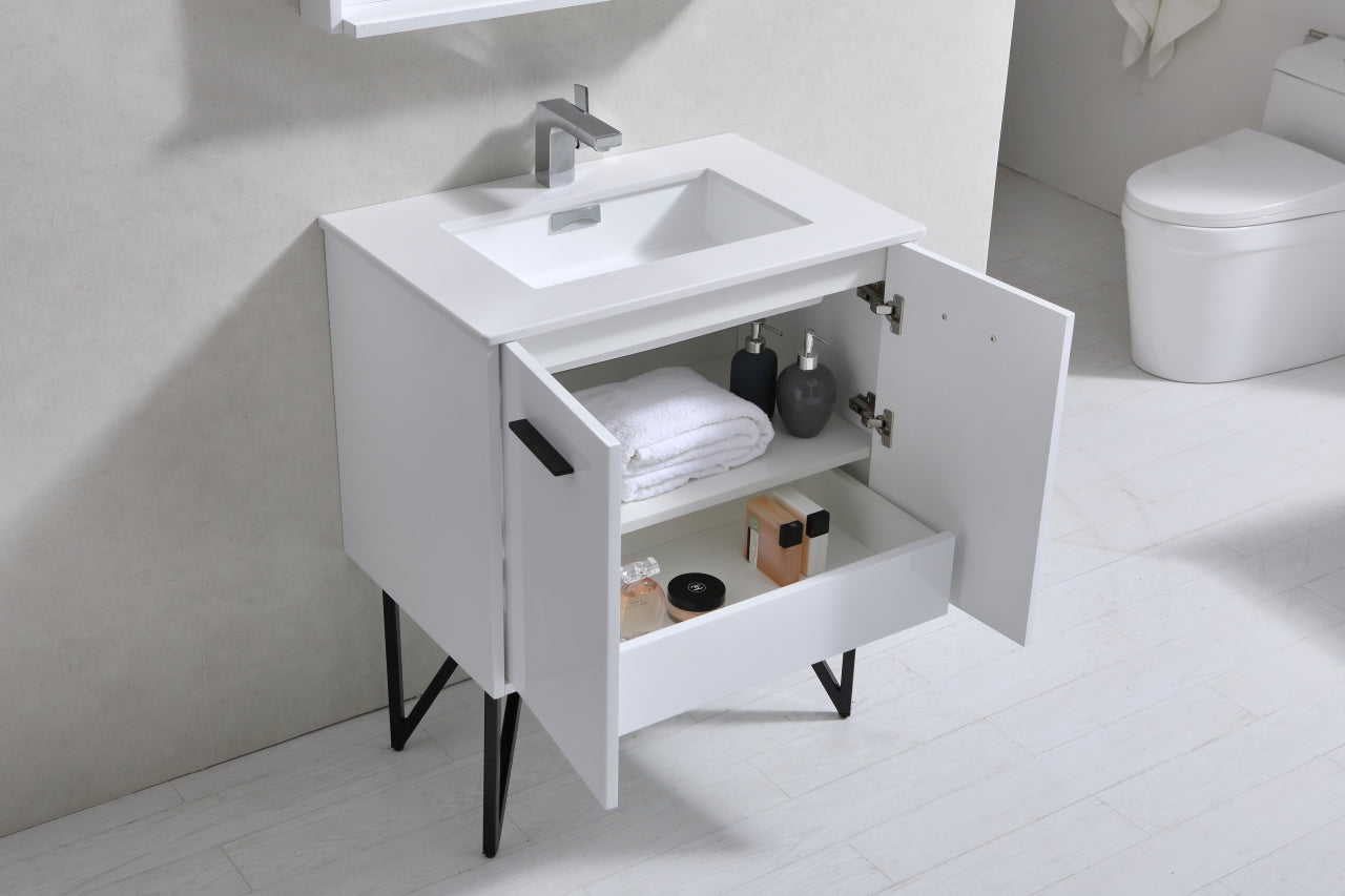 KubeBath Forest 30" High Gloss White Modern Bathroom Vanity  w/ Quartz Countertop