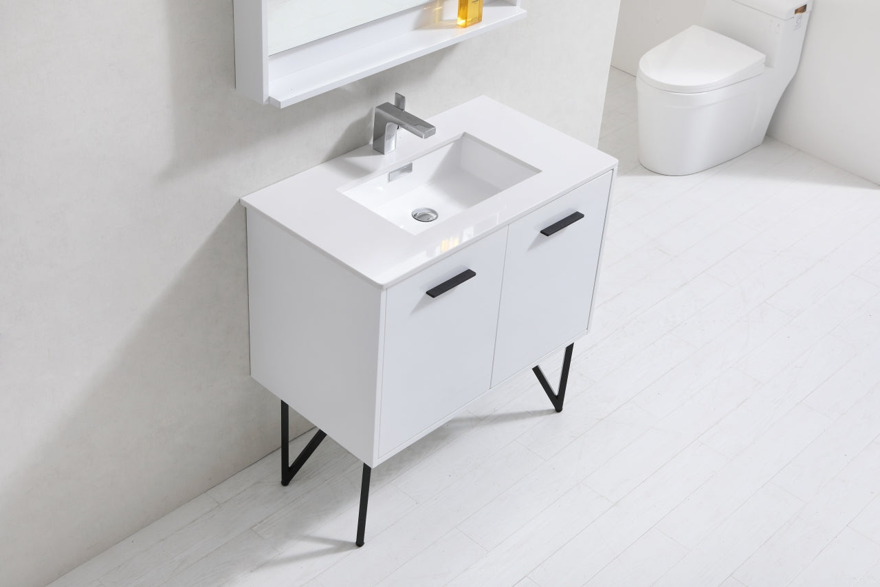 KubeBath Forest 36" High Gloss White Modern Bathroom Vanity  w/ Quartz Countertop