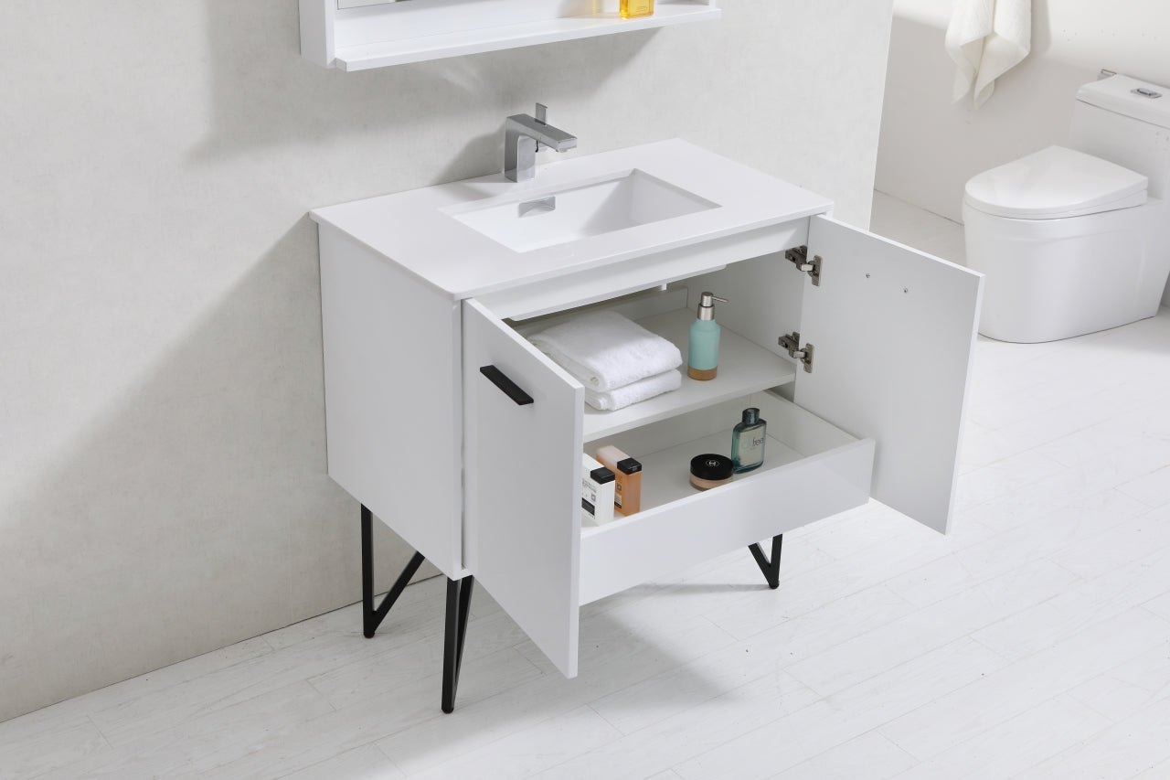 KubeBath Forest 36" High Gloss White Modern Bathroom Vanity  w/ Quartz Countertop