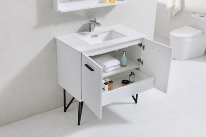 BOSCO 36" High Gloss White Modern Bathroom Vanity  w/ Quartz Countertop